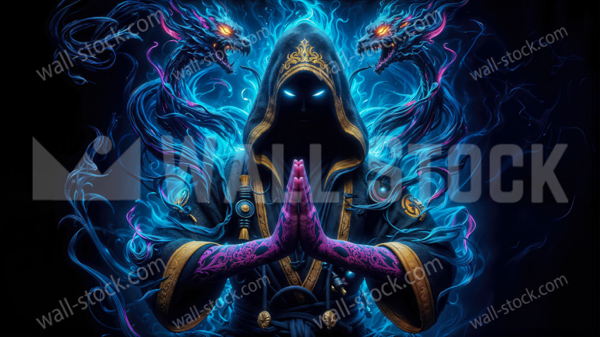 Mysterious warrior in meditation pose, hands together as if in prayer