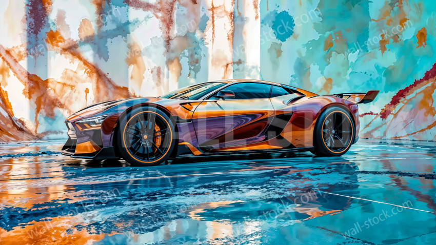 A futuristic car rendered in terracotta and turquoise tones with light and shadow effects
