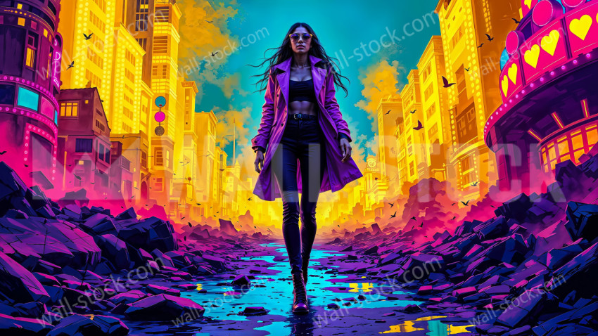 From the wreckage of a neon-lit casino street, an elegant woman walks