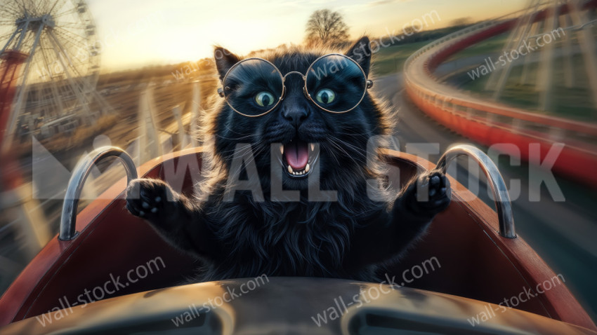 A cute, fluffy black cat with glasses is strapped into the front seat of a speeding roller coaster