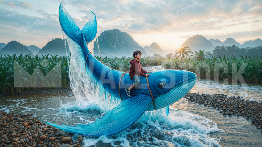 A boy riding on the back of a big blue fantastic whale in a cornfield