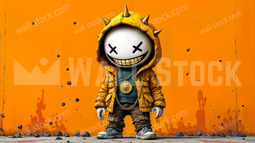 Stylized Cartoon Character with X-Shaped Eyes in Post-Apocalyptic Art