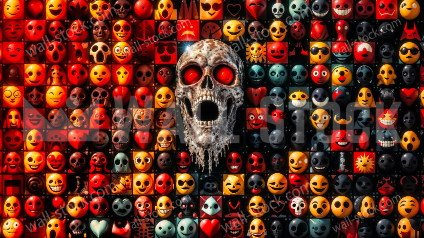 Silver Skull Surrounded by Hundreds of Emojis in a Dark Red and Black Background – A Blend of Surreal and Pop Art Style