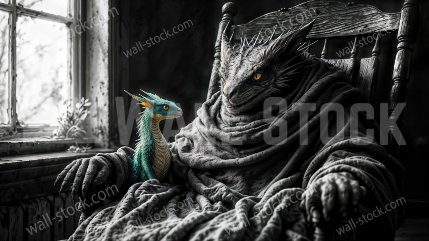 Wise Elder Dragon Grandfather with His Young Green Dragon Grandchild – Emotional Dark Fantasy Scene