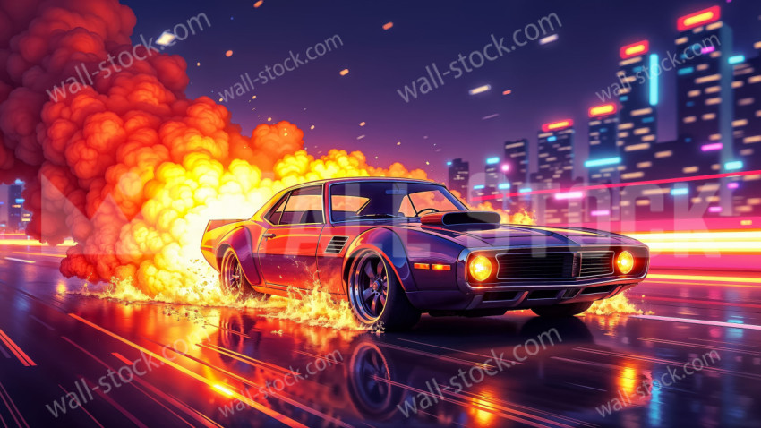 Retro Muscle Car Racing Through Neon City Streets in Flames – High Speed Futuristic Art