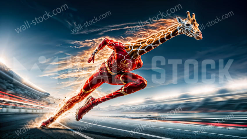 Cyber ​​superhero Giraffe Racer running on Futuristic Speed ​​Track