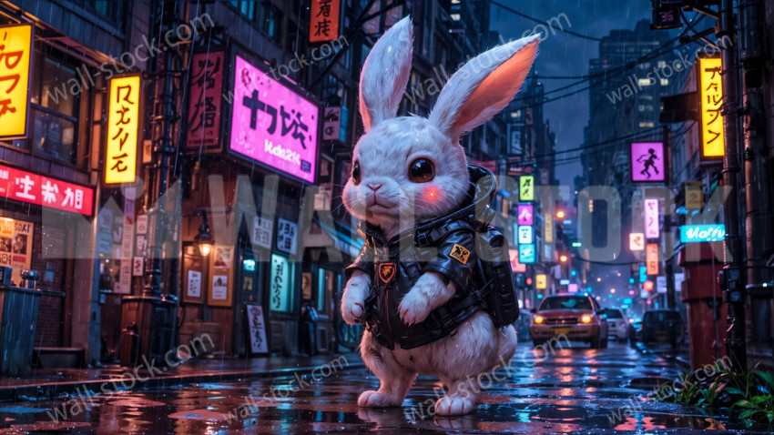 Futuristic Bunny Walking Alone in Neon City
