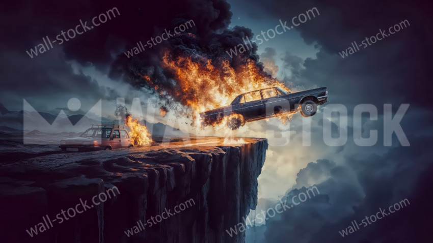 Flaming Car Racing Toward the Edge of Doom