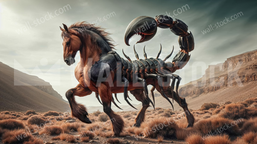 Hybrid Scorpion Horse Galloping Across the Desert Sands Under Fiery Skies