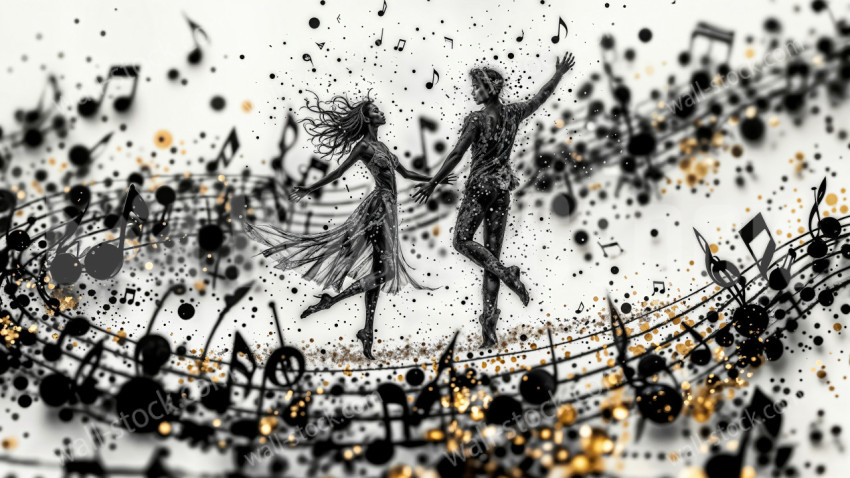 Silhouettes of People Dancing with a Flowing Ribbon Made of Musical Notes