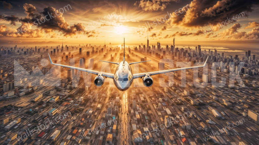Jet Airplane Flying Over a Modern City Toward the Sunset
