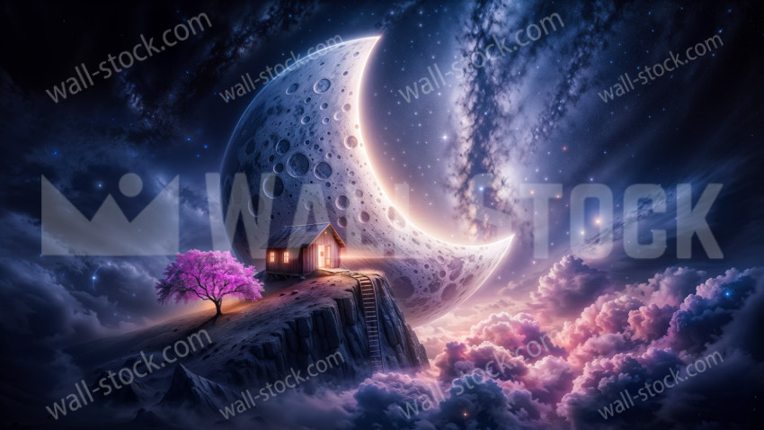 Small Cabin and Pink Tree on a Hilltop Beneath a Giant Crescent Moon Floating Above the Clouds