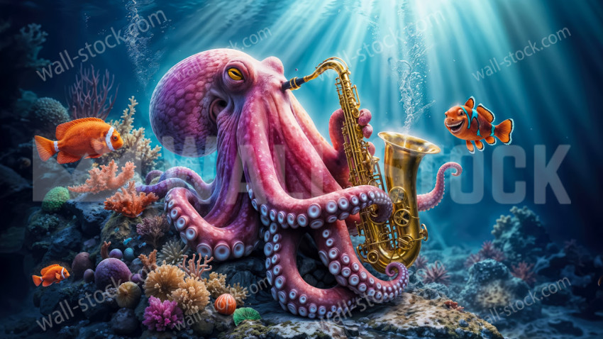 Pink Octopus Playing a Golden Saxophone Among Colorful Coral and Fish Under Sunlit Ocean Water