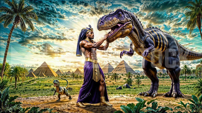 Ancient Egyptian Pharaoh Standing Beside a Large Dinosaur in a Vibrant Desert Landscape with Pyramids and Palm Trees