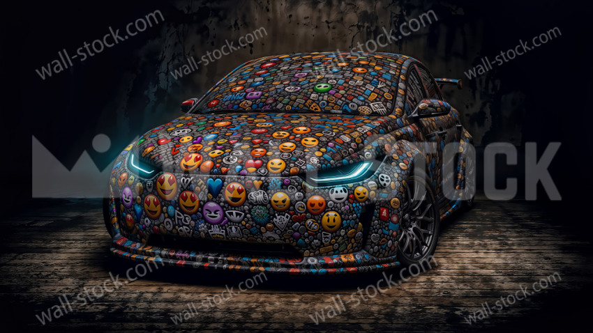 Car Covered with Colorful Emoji Patterns in a Dark Industrial Setting