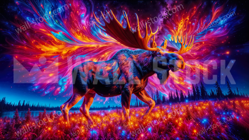 A Magnificent Deer with Multicolored Skin and Antlers Scattering Color Across the Night Sky