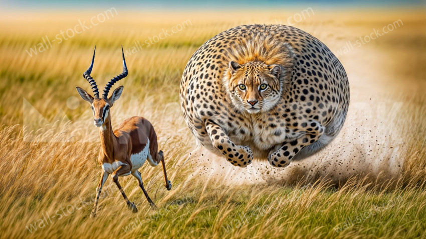 A Fat Leopard Chasing a Gazelle Across a Dry Golden Grassland