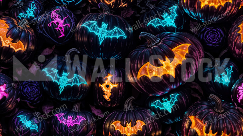 A Repeating Pattern of Neon-Colored Bats on Neon-Lit Pumpkins