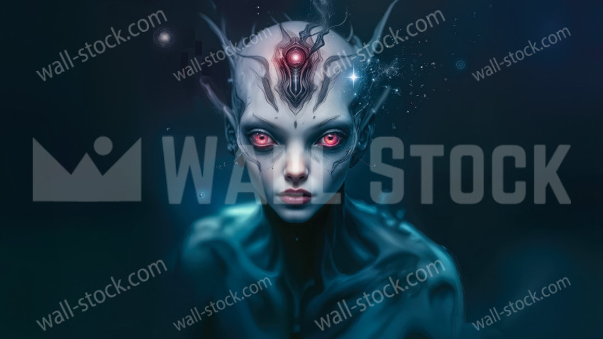 A Blue-Skinned Alien Girl with Red Eyes and a Magic Crown Emerging from an Invisible Space