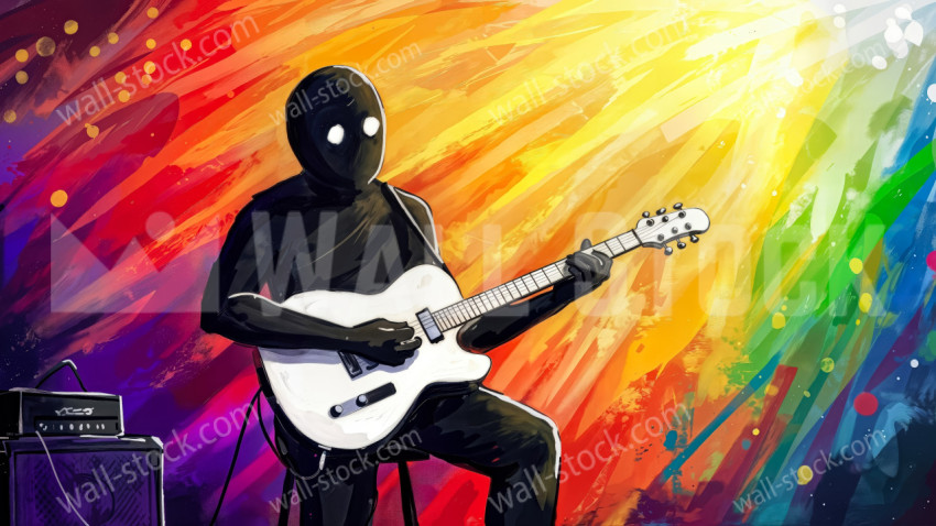 A shadowy figure, painted black, is seated and playing an electric guitar