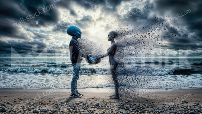 An Alien Couple Holding a Capsule with Their Baby Inside on a Sandy Beach Near the Sea