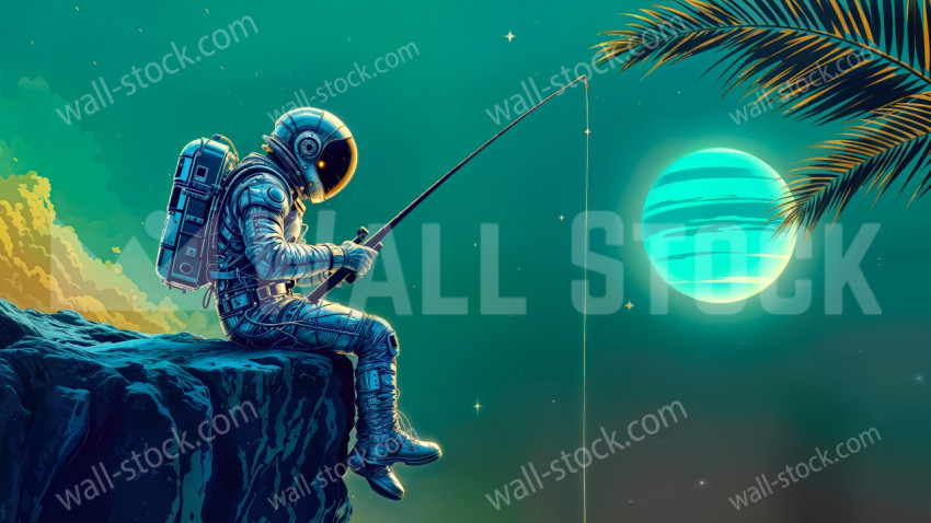 An Astronaut Sitting on a Cliff While Fishing Toward a Planet