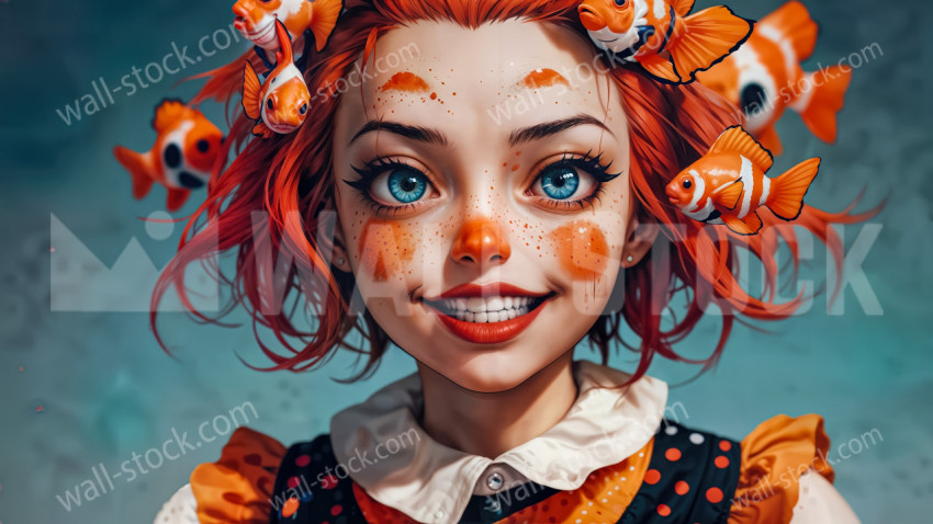 Smiling Red Haired Girl Surrounded by Orange and White Clownfish