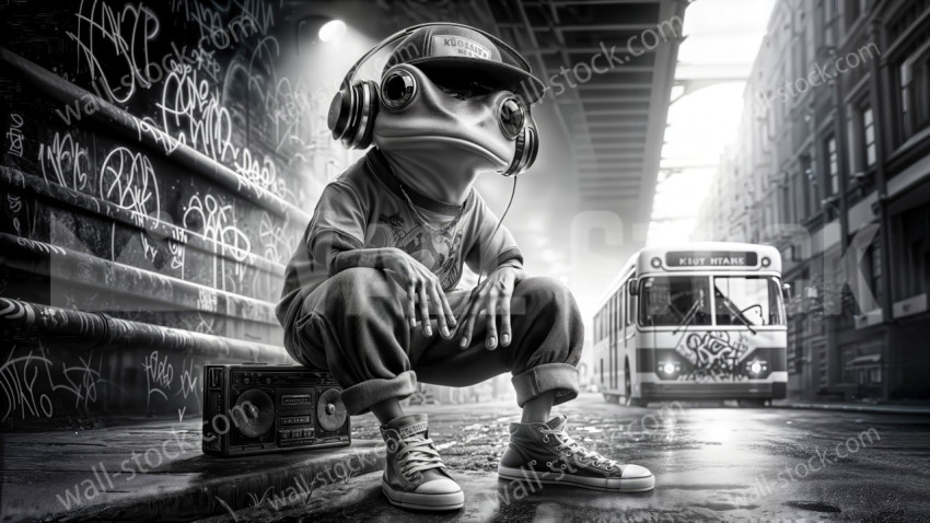 Frog sitting on a boombox and listening to music in a graffiti painted street