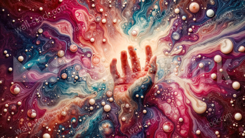 Hand Reaching Through Colorful Swirling Liquid With Floating Bubbles