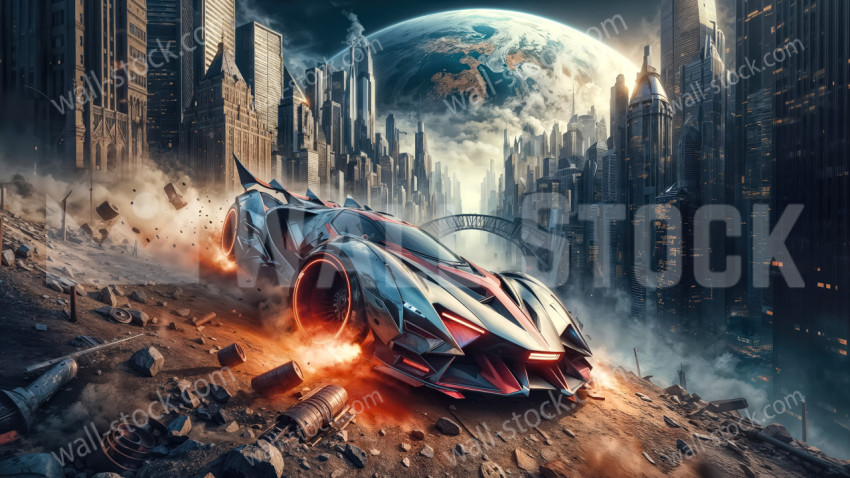 Futuristic Metal Car Racing Through a Dusty City With a Planet in the Sky