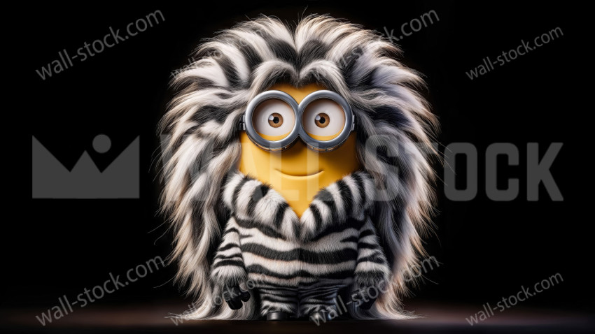 Small yellow character wearing zebra striped fur suit and round goggles