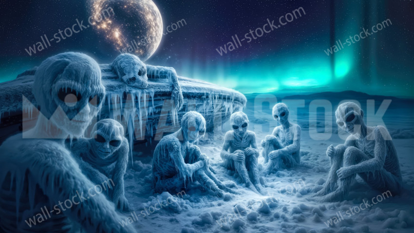 Crashed spaceship in a frozen wasteland surrounded by ice covered alien creatures