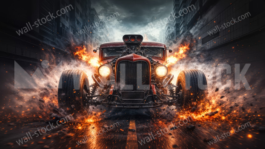 Modified old racing car driving through a city street with fire and sparks