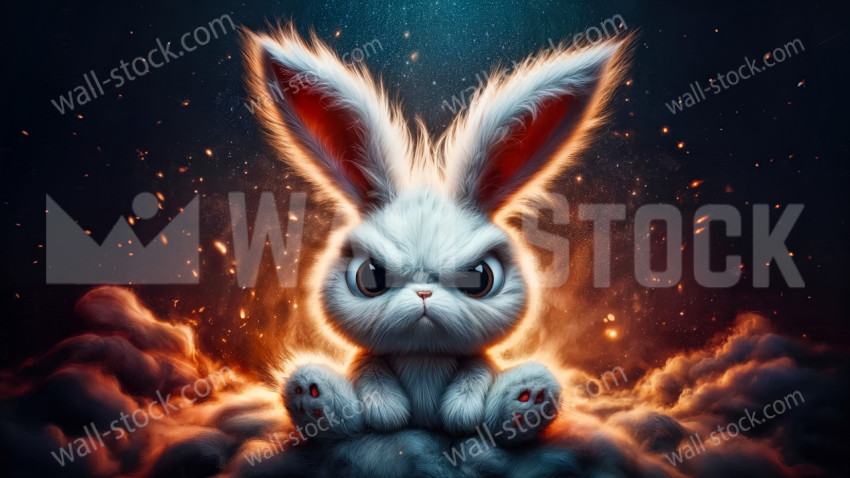 Cute White Rabbit Sitting on Clouds with Glowing Light and Fire Sparks in the Background