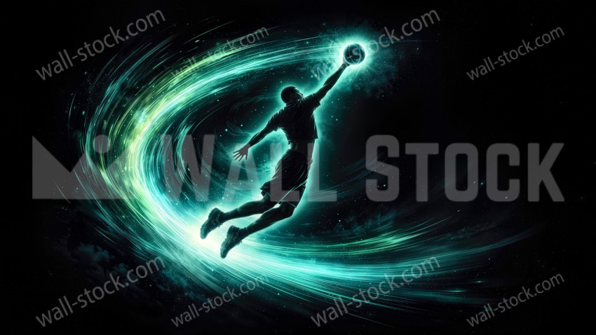 Basketball Player Jumping in the Air and Reaching for a Glowing Ball with Light Trails Around Him