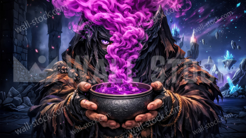 Hooded Figure Holding a Bowl with Rising Purple Smoke in a Dark Fantasy Setting