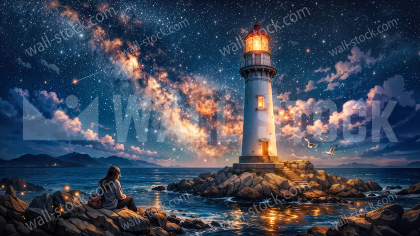 Woman Sitting on Coastal Rocks Watching a Lighthouse Under a Starry Night Sky