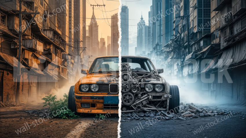 Car Split Between a New Modern Side and a Scrap Metal Side Reflecting Two Different Worlds