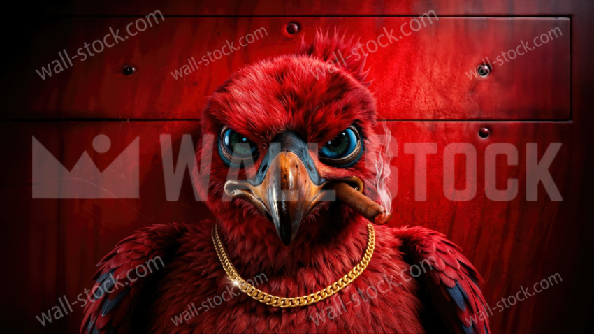 Red Parrot Smoking Cigar with Gold Chain in Front of Wooden Cabinet