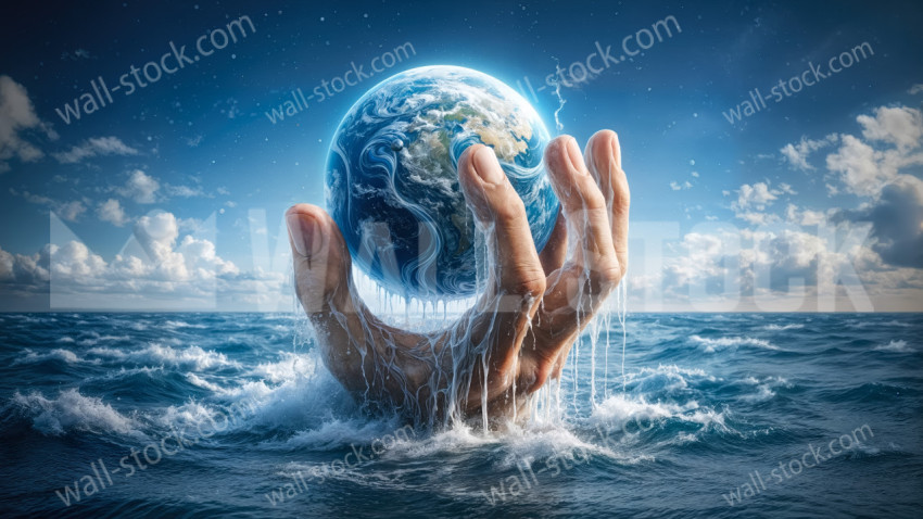 Hand Holding Glowing Earth Globe Above Ocean Waves