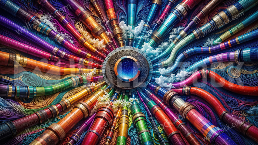 Vibrant Colorful Pipes Exploding Outward from Glowing Blue Central Orb
