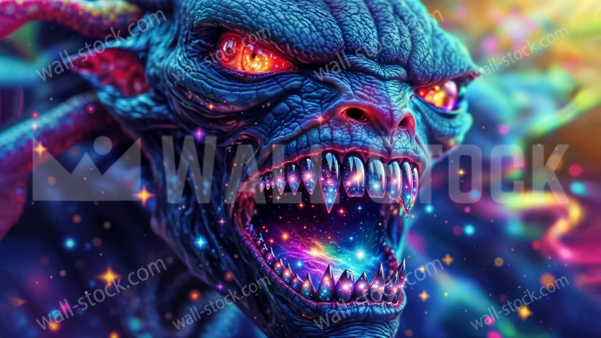 Fierce Monster Face with Galaxy Filled Mouth and Glowing Eyes