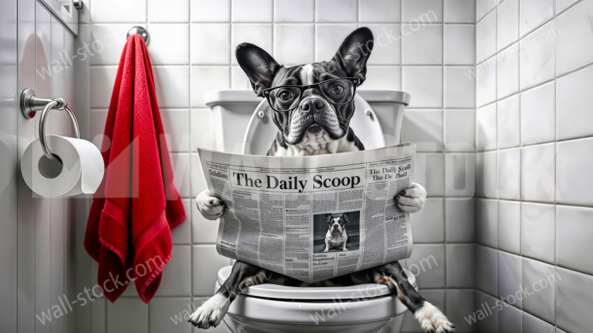 French Bulldog Sitting on a Toilet Reading a Newspaper in a Bathroom
