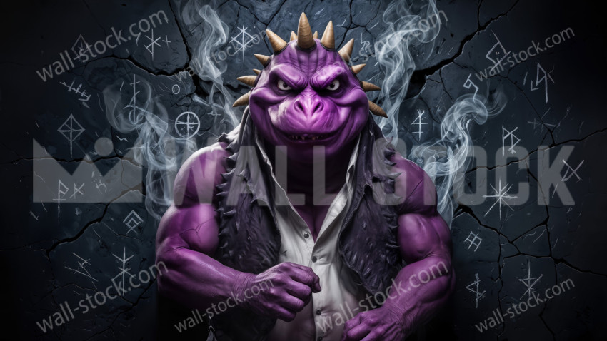 Purple Horned Dinosaur with Muscular Body Standing in Front of Cracked Stone Wall with Smoke