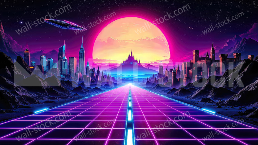 Retro Cyber Neon Road Leading to a City and Castle under a Giant Sun