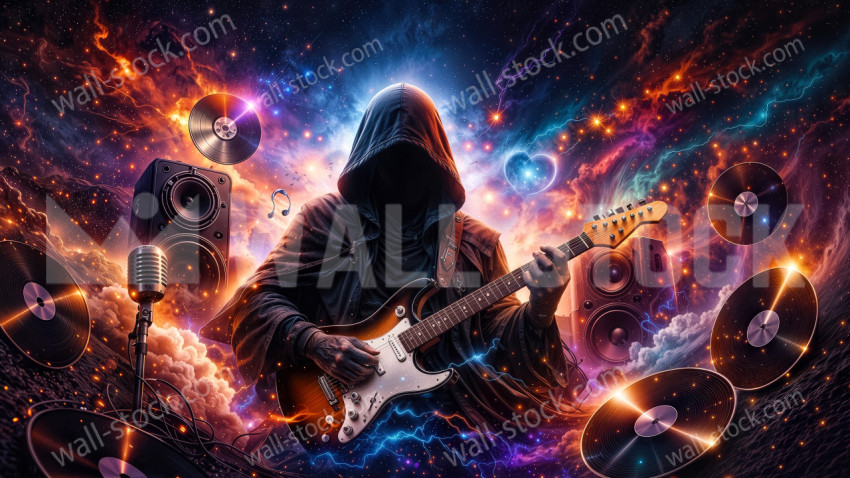 Hooded Person Playing Electric Guitar Surrounded by Floating Vinyl Records in Space