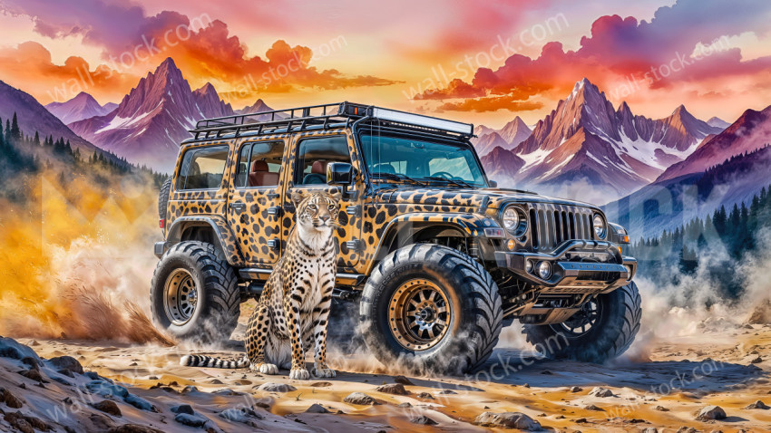Leopard Print Off-Road Vehicle and a Sitting Leopard in a Mountain Landscape