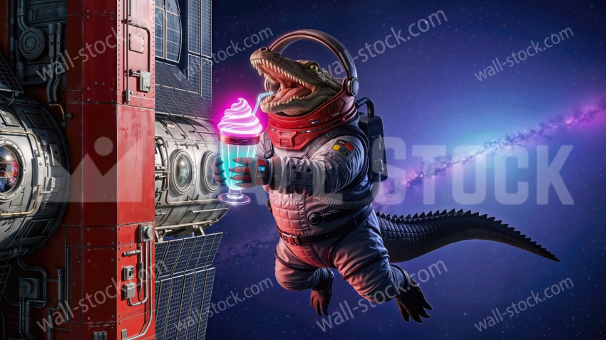 A crocodile in a spacesuit drinks a neon milkshake while floating in space next to a space station