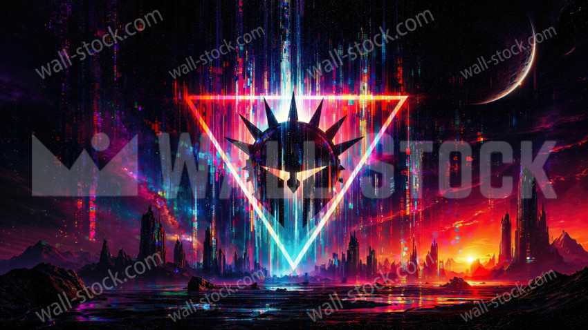 A spiked helmet silhouette inside a glowing triangle floats above a futuristic city skyline and digital rain