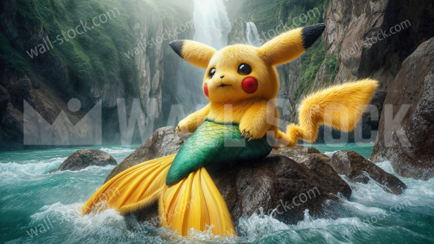 A Pikachu mermaid sits on a wet rock in a river canyon